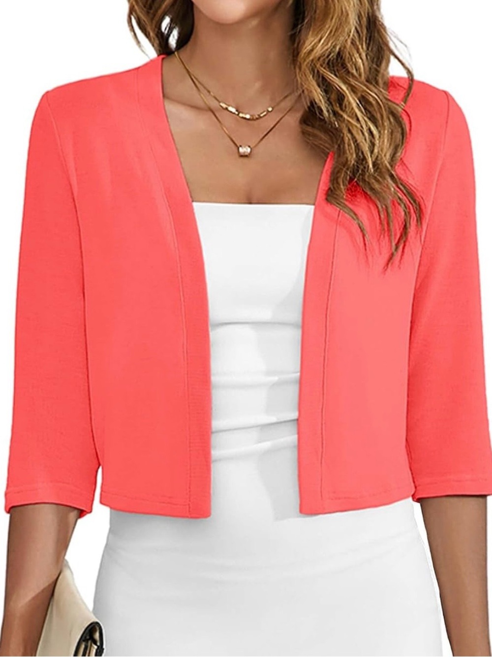 Perceptions New York Coral Bolero Shrug Cropped Open Jacket Ruched 3/4 Sleeve M